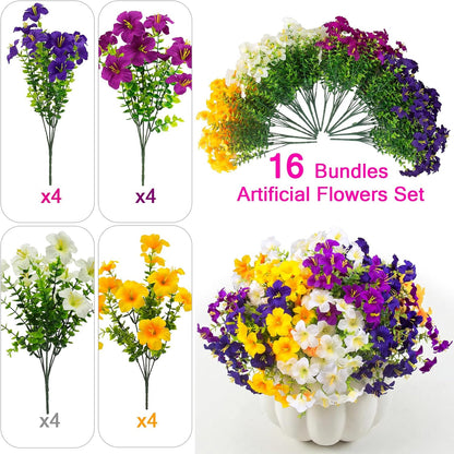 16 Pcs Faux Petunias Artificial Flowers For Outdoors, UV Resistant Fake Petunias Plants Realistic Silk Flowers for Porch Front Door Garden Window Outside Decor (16, White, Yellow, Purple, RedViolet)