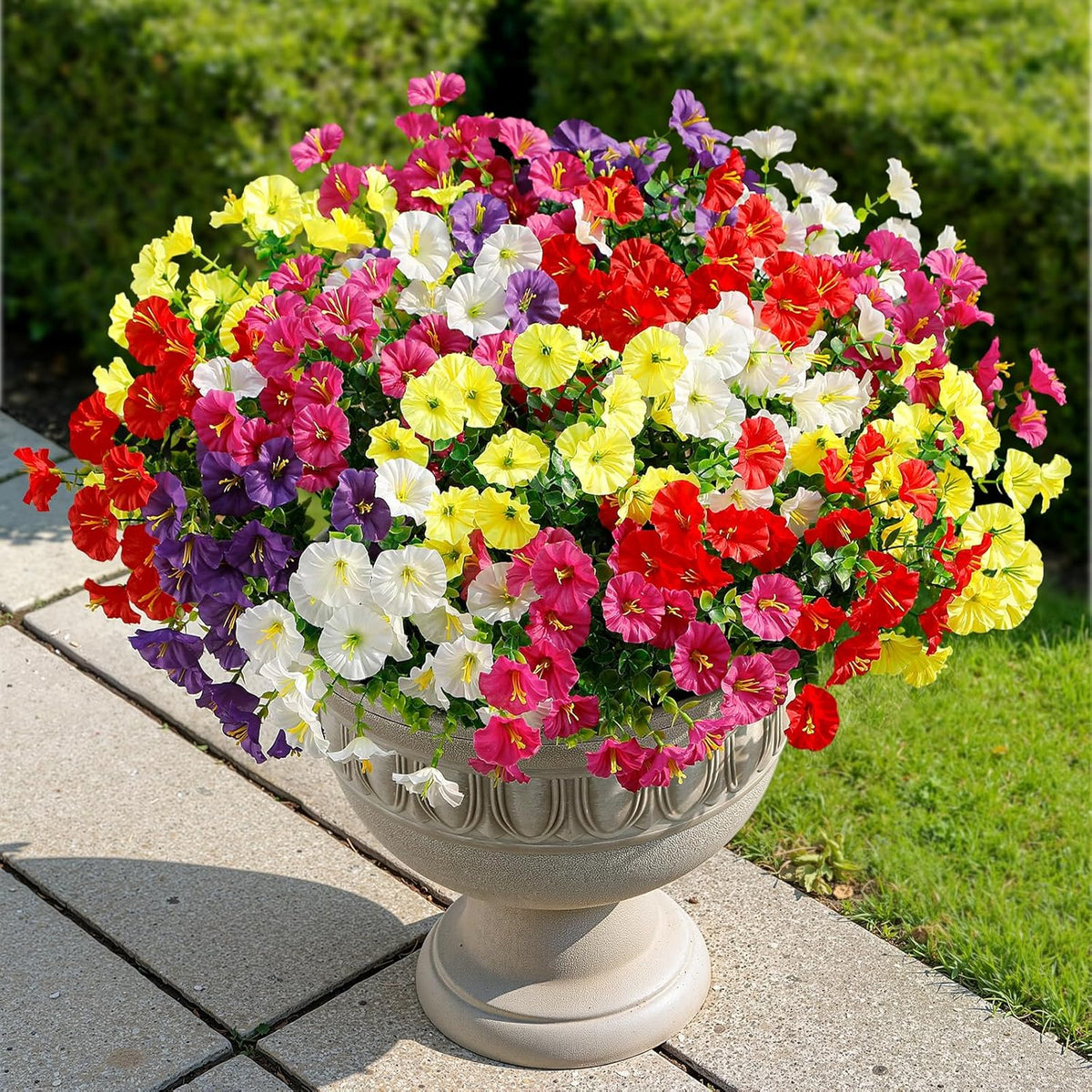 Alupssuc 24 Bundles Artificial Flowers for Outdoors, Faux Spring Flowers for Decoration, UV Resistant Silk Morning Glory with Eucalyptus Realistic Fake Flowers for Yard Planter Porch Garden, 5 Colors