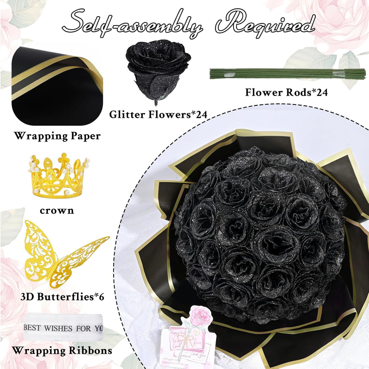 Classic Waipfaru Black Glitter Roses Home Decor Kit