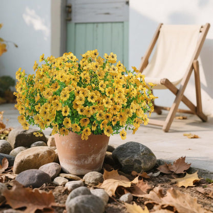 Artificial Faux Flowers Plants for Outdoors Outside Spring Summer Decoration, 12 Bundles Realistic Fake Flowers Plant Greenery Silk Daisy UV Resistant Planters Balcony Porch Patio Garden Home（Yellow）