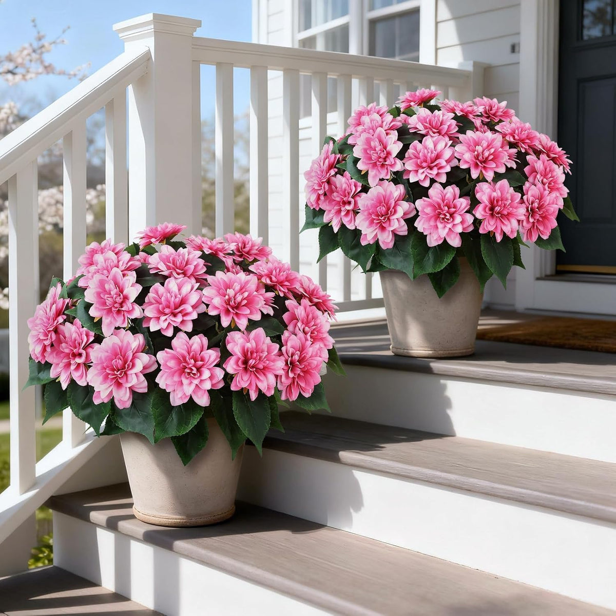 2 Set of Artificial Dahlia Topiary Ball Trees - Fake Silk Dahlia Flower Bushes, UV Resistant Faux Floral Shrub Potted for Front Door Porch Farmhouse Wedding Outdoor Decor (Pink)