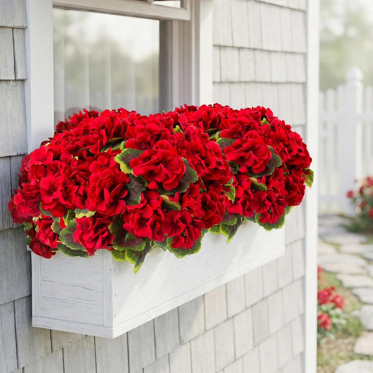 lovemoon 8 Pcs Artificial Geranium Plant Realistic Silk Flowers for Outside UV Resistant Faux Geranium Flowers for Indoor Outdoor Home Garden Office Decoration (8, Red)