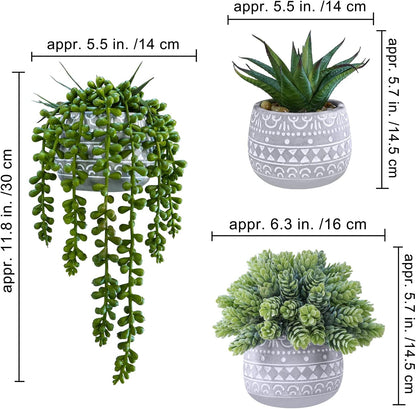 Winlyn 3 Pcs Assorted Small Potted Succulent Plants Artificial Aloe Hops String of Pearls Succulents in Gray Geometric Concrete Pots for Gifts Table Shelf Windowsill Indoor Outdoor Greenery Decor