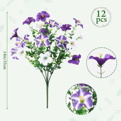 KHOYIME Artificial Flowers for Outdoor Decoration, 12PCS Faux White Purple Petunias Silk Flower UV Resistant Realistic Fake Plants for Outside Planter Garden Porch Yard Spring Summer Home Indoor Decor