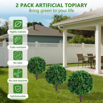 Artificial Boxwood Topiary Ball Tree Set of 2, UV Resistant Artificial Outdoor Shrubs with Spike, Decorative Evergreen Fake Topiary Bushes Plant for Front Porch Garden