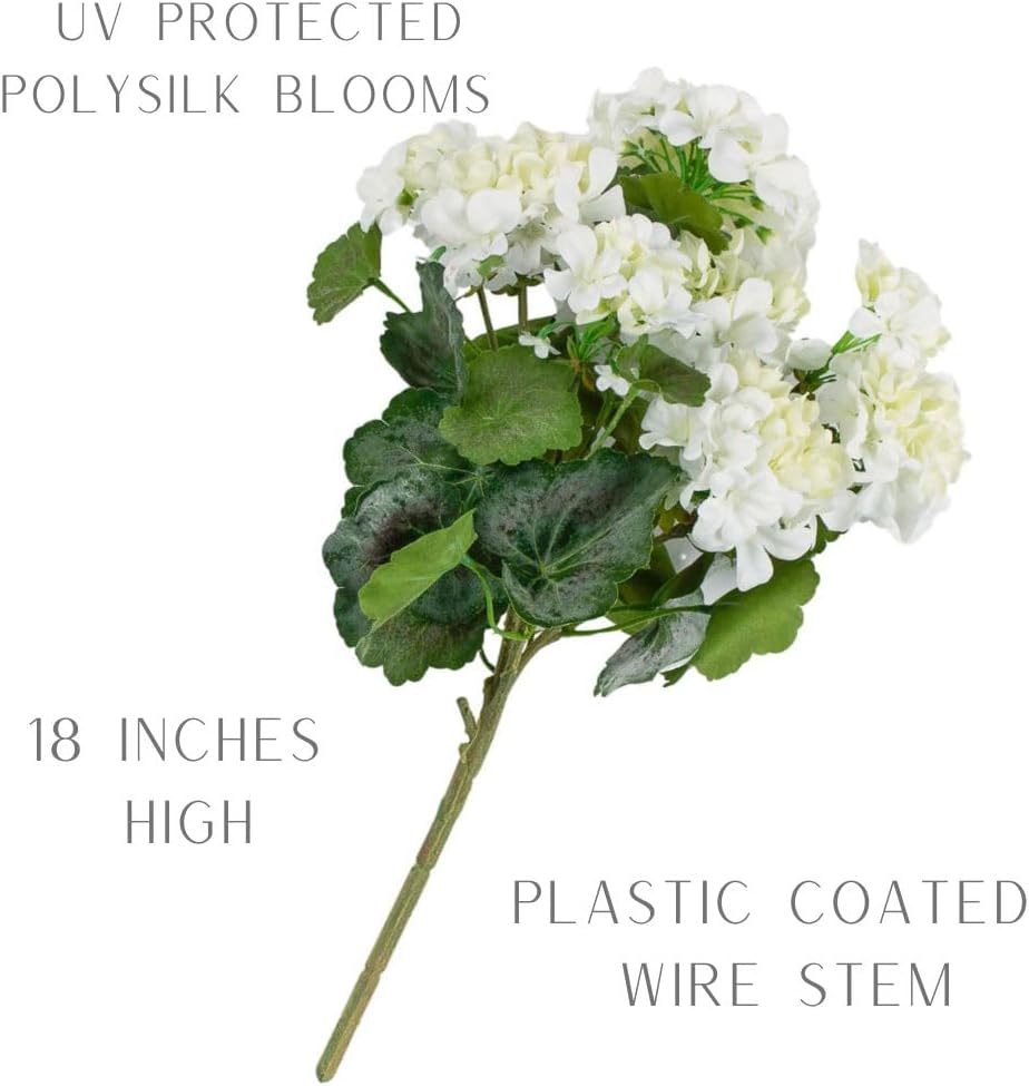 Factory Direct Craft White Silk Artificial Geranium Bush - Weather Resistant Indoor or Outdoor Summer Flower Arrangements, Floral Displays, Window Boxes, Porch Pots - Size: 18" H