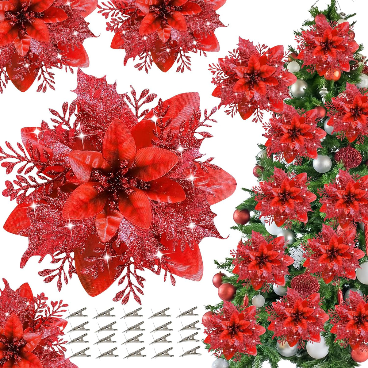 Deluxe Red Poinsettias Glitter Artificial Holiday Decor Assortment