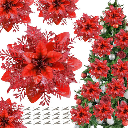 Deluxe Red Poinsettias Glitter Artificial Holiday Decor Assortment