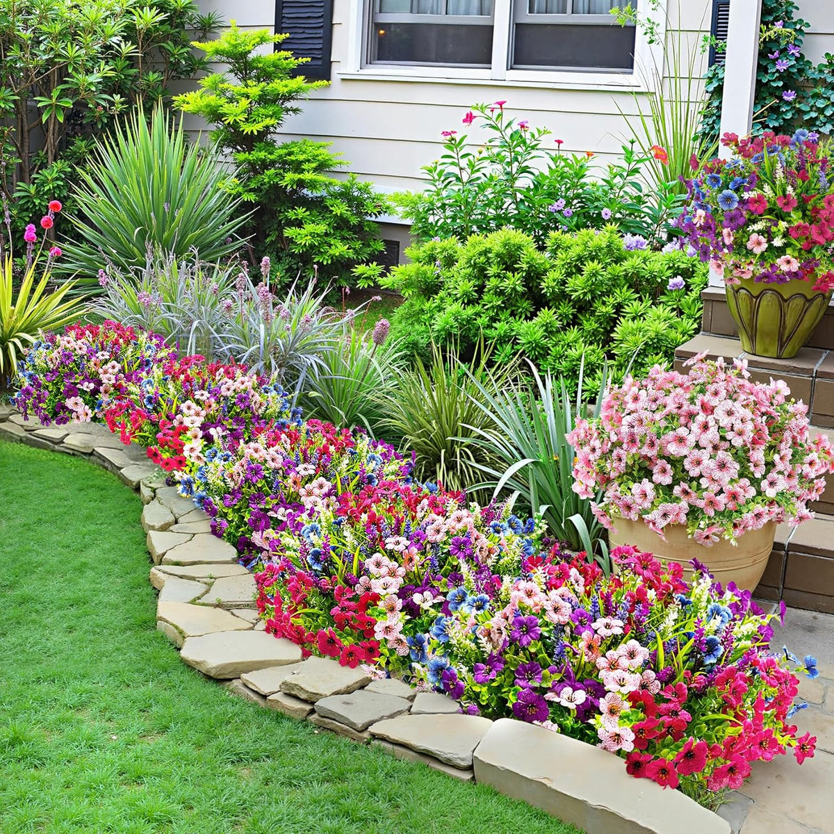 20 Bundles Artificial Flowers for Outdoors Decoration Fake Silk Flowers UV Resistant Faux Plants Artificial Daisy Eucalyptus for Spring Summer Garden Yard Porch Window Home Decor, Mixed