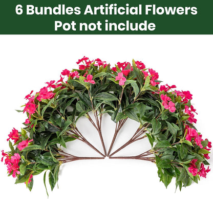 Artificial Fake Flowers for Outdoor Décor 6 Bundles UV Resistant Fake Plants for Planter Faux Impatiens for Home Porch/Garden Stunning（Rose Red）