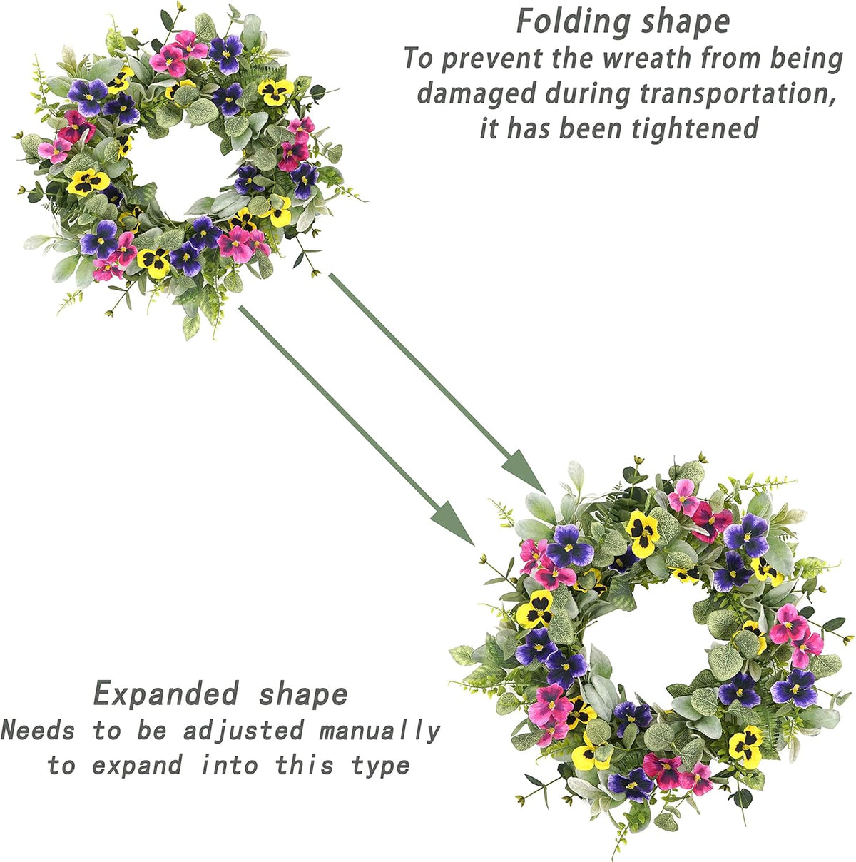 Artificial Spring Summer Wreath with Pansy Flowers, Flocked Lamb Ear Leaves, Eucalyptus Leaves, Fern Branches for Front Door Indoor Outdoor Farmhouse Wall Holiday Decor, White Gift Box Included