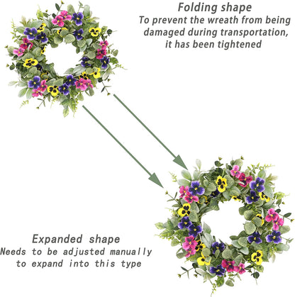 Artificial Spring Summer Wreath with Pansy Flowers, Flocked Lamb Ear Leaves, Eucalyptus Leaves, Fern Branches for Front Door Indoor Outdoor Farmhouse Wall Holiday Decor, White Gift Box Included