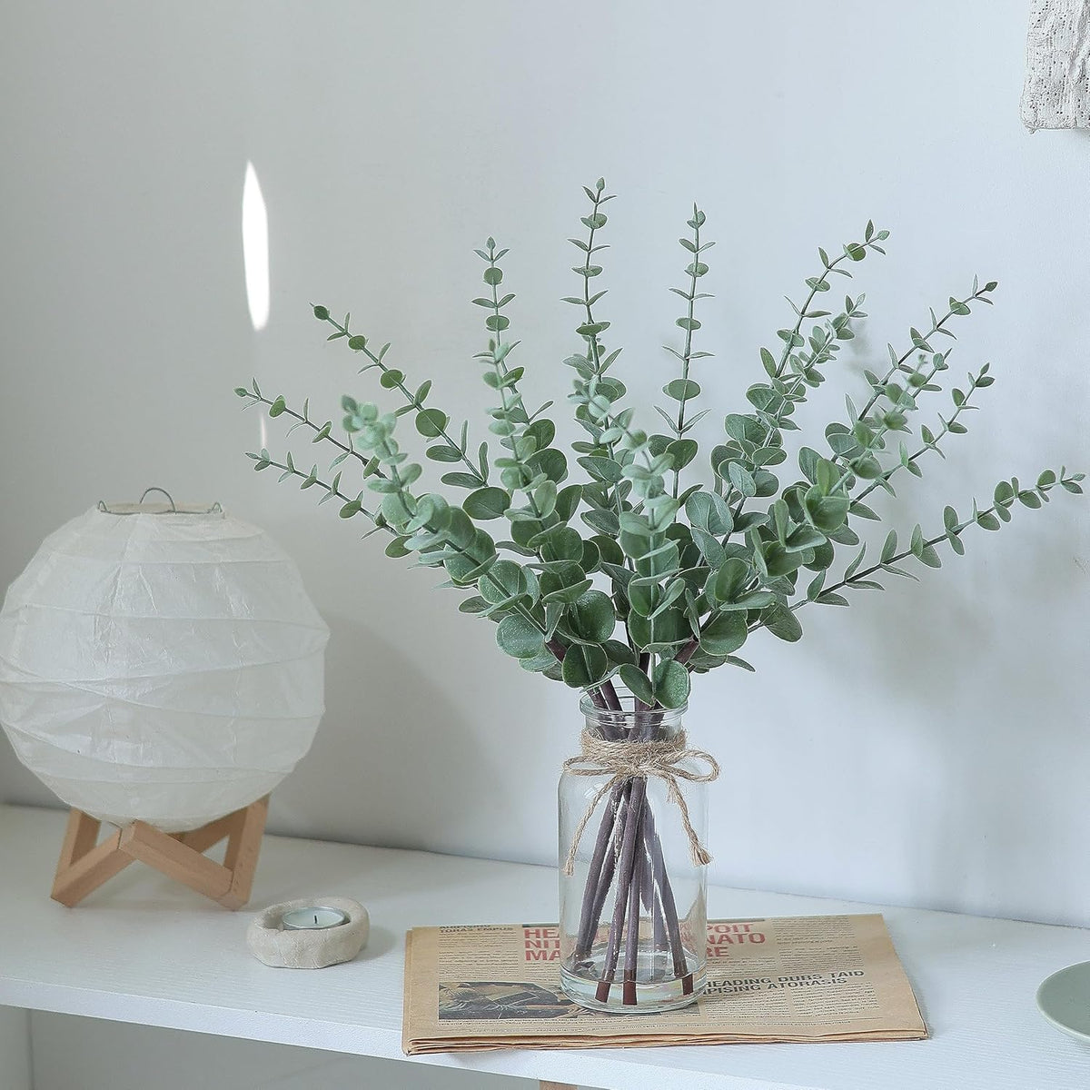 VIERENA 17.5" Artificial Eucalyptus Stems in Glass Vase with Faux Water, Fake Plant Eucalyptus Leaves White Seeds for Centerpiece Table Decorations Farmhouse Wedding Home Greenery Decor (Sage Green)