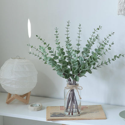 VIERENA 17.5" Artificial Eucalyptus Stems in Glass Vase with Faux Water, Fake Plant Eucalyptus Leaves White Seeds for Centerpiece Table Decorations Farmhouse Wedding Home Greenery Decor (Sage Green)