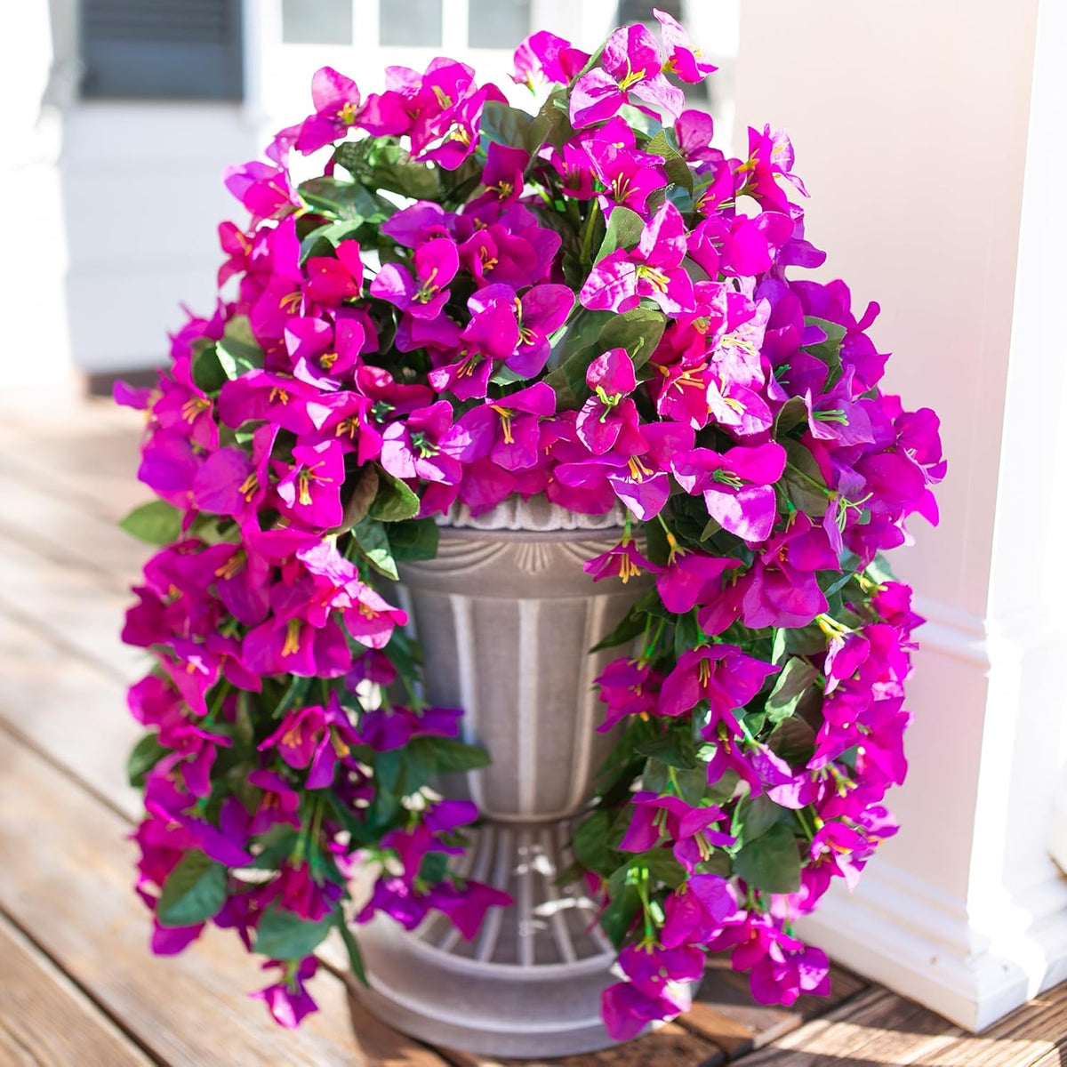 Faux Bougainvillea Artificial Flowers Plants for Outdoors Outside Decoration, 2 Pcs Purple Fake Flowers UV Resistant Look Real Silk Long Trailing Vines for Front Door Porch Planter Urn Patio Garden