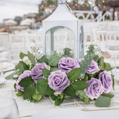 Mocoosy 50Pcs Rose Artificial Flowers, Lavender Fake Roses for Decorations, Purple Foam Fake Flowers with Stem for DIY Wedding Bouquet Bridal Shower Mother's Day Floral Arrangement Party Home Decor