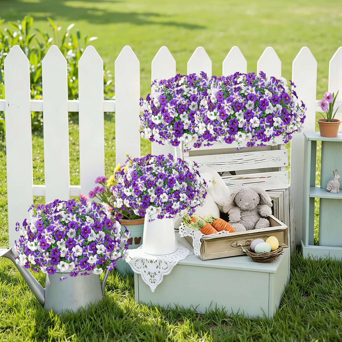 KHOYIME Artificial Flowers for Outdoor Decoration, 12PCS Faux White Purple Petunias Silk Flower UV Resistant Realistic Fake Plants for Outside Planter Garden Porch Yard Spring Summer Home Indoor Decor