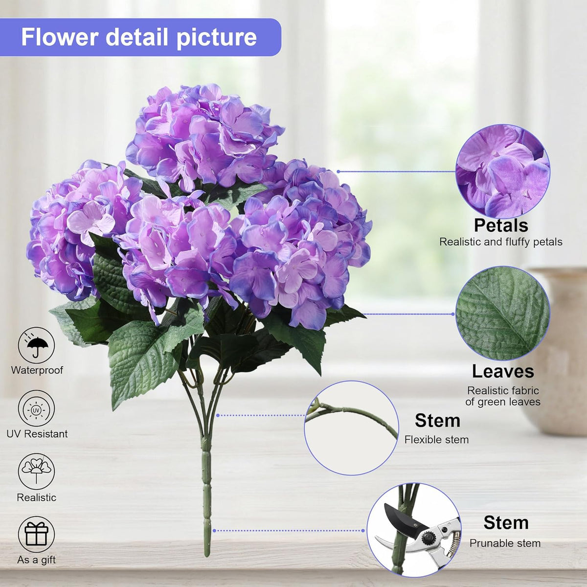 Ivydale Artificial Flowers for Outdoors, 4 PCS Purple Blue Fake Silk Hydrangea Flower Stems for Bouquets UV Resistant Realistic Faux Plants Home Outdoor Wedding Party Centerpieces Decor