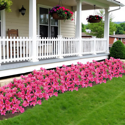Ouddy Decor 8 Bundles Artificial Flowers for Outdoors, Fake Silk Flowers Azalea Plants UV Resistant for Summer Front Door Planter Garden Patio Window Box Balcony Walkway Home Decor, Fuchsia