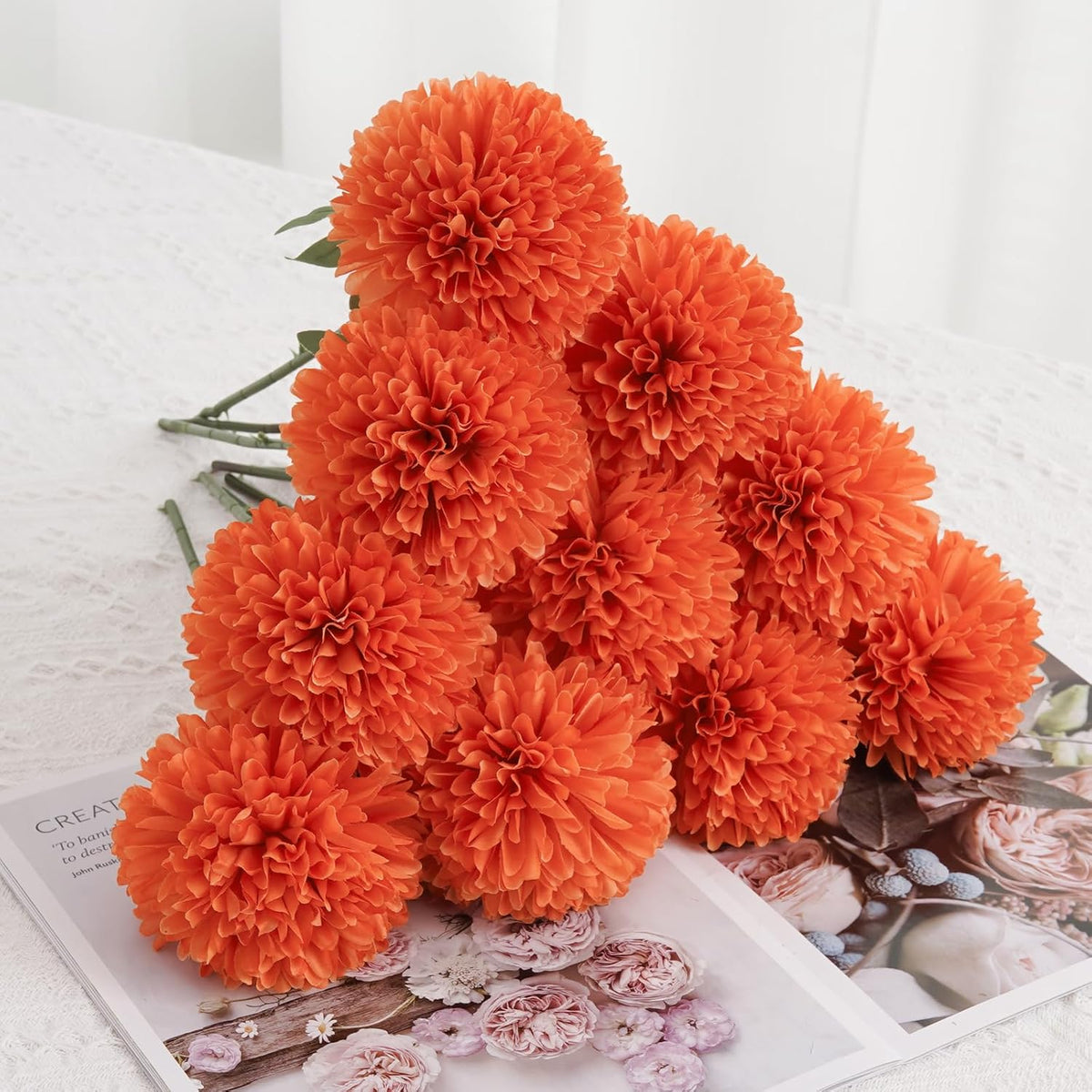BonBloom's Artificial Chrysanthemums Flowers, 10 Pcs Realistic Large Faux Mums Chrysanthemums Ball Silk with Stems for Autumn Easter Home Floral Arrangement Table Centerpiece (Orange)