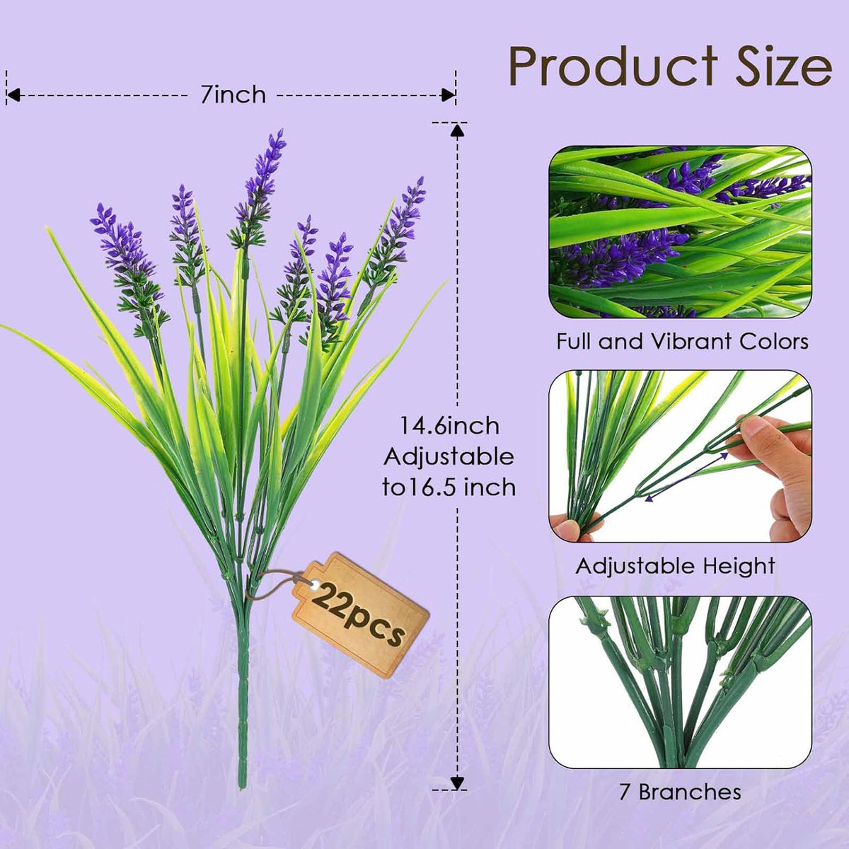 22 Pcs Artificial Outdoor Flowers UV Resistant Lavender Fake Greenery Plants Grass with Purple Flowers for Pot Decor for Window Garden Patio Hanging Planter Pathway Front Porch (22, Purple)