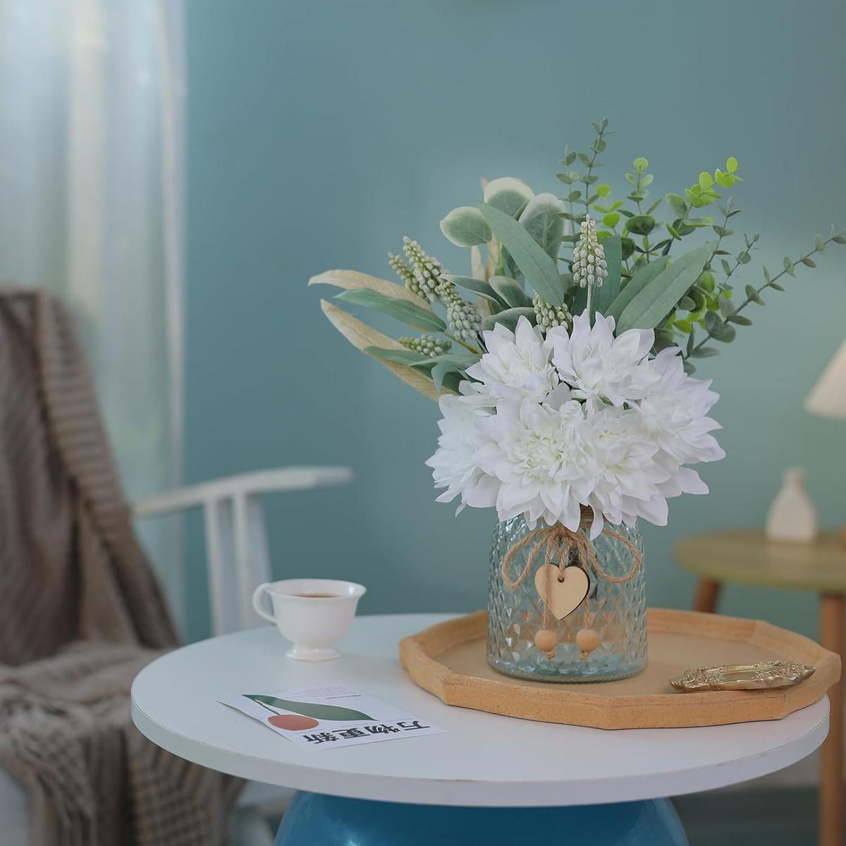 Faux Flowers with Vase, Artificial Silk Flowers in Vase, Fake Plant Eucalyptus and Willow, Flower Arrangement for Home Farmhouse kitchen Dining Table Centerpiece Decorations Coffee Table Decor (White)