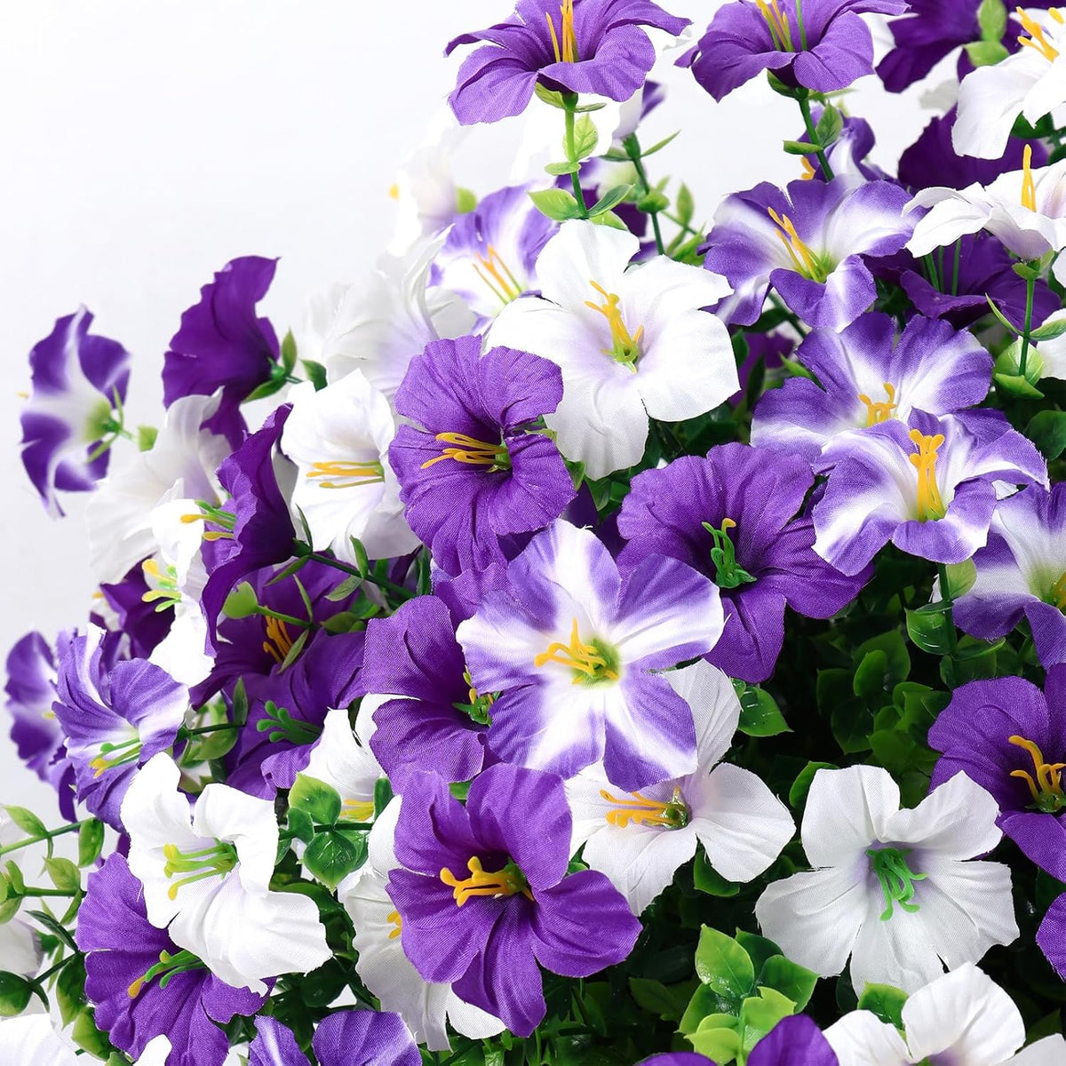 KHOYIME Artificial Flowers for Outdoor Decoration, 12PCS Faux White Purple Petunias Silk Flower UV Resistant Realistic Fake Plants for Outside Planter Garden Porch Yard Spring Summer Home Indoor Decor