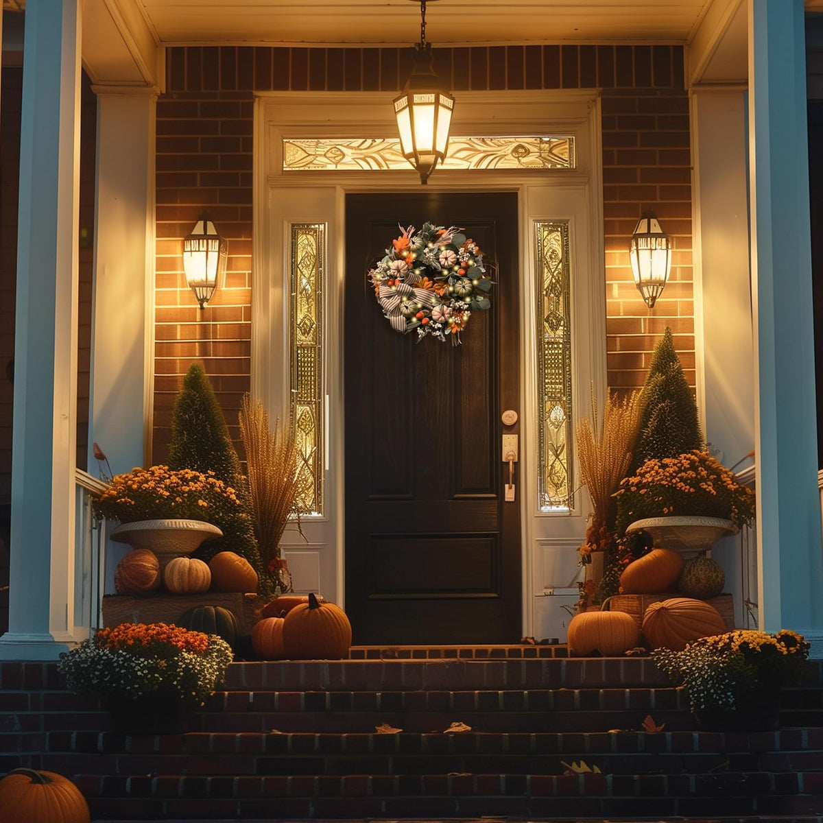 20'' Fall Wreath for Front Door with 20 LED Lights, Pumpkins and Burlap Bow