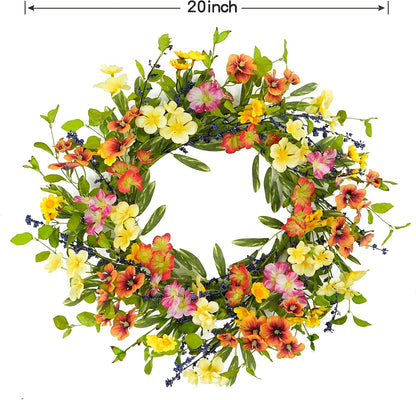 20 inch Spring Summer Wreaths for Front Door Floral Wreath with Colorful Wildflowers, Eucalyptus Leaves, Olive Leaves, Small Berries for Indoor Outdoor Farmhouse Home Wall Window Festival Decoration