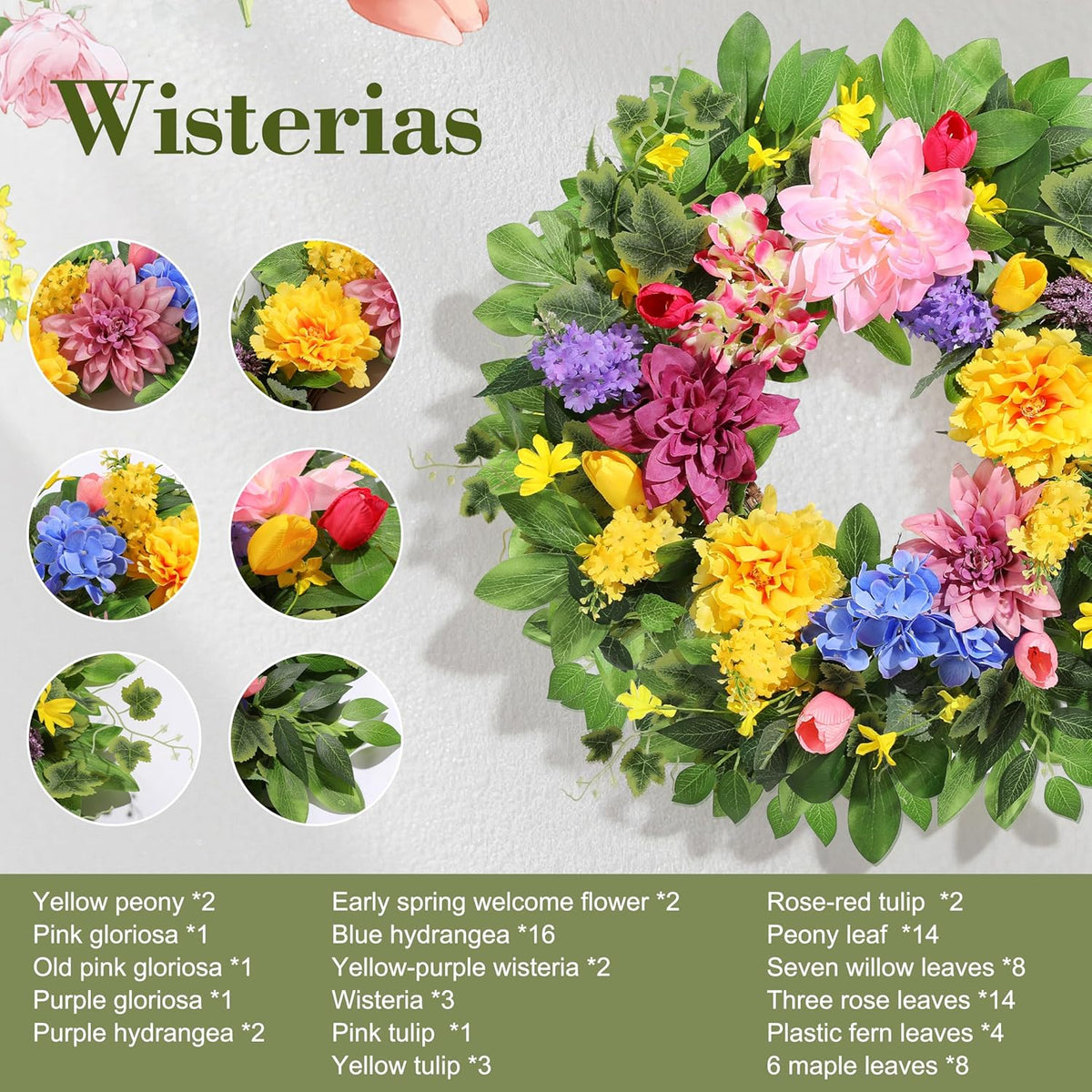 Spring Wreaths for Front Door, 24 Inch Greenery Front Door Wreath with Peonies Dahlias Hydrangeas, Artificial Home Decorations for Indoor Outdoor Window Wall, Outside Floral Wreath Decor for Home Porch