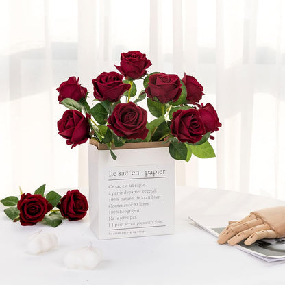 Hawesome 12PCS Artificial Flowers Fake Roses, Realistic Velvet Long Stem Red Roses Bouquet for Wedding Centerpiece Home Decor Party & Valentines (Wine)