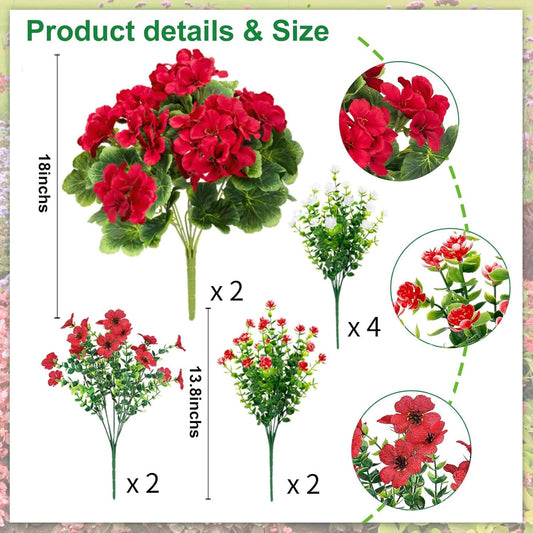Ouddy Decor 18" Artificial Geranium Flowers for Outdoors, 10 Bundles Mixed Fake Silk Flowers Plastic Plants UV Resistant for Summer Garden Porch Patio Planter Kitchen Table Home Decor, Red