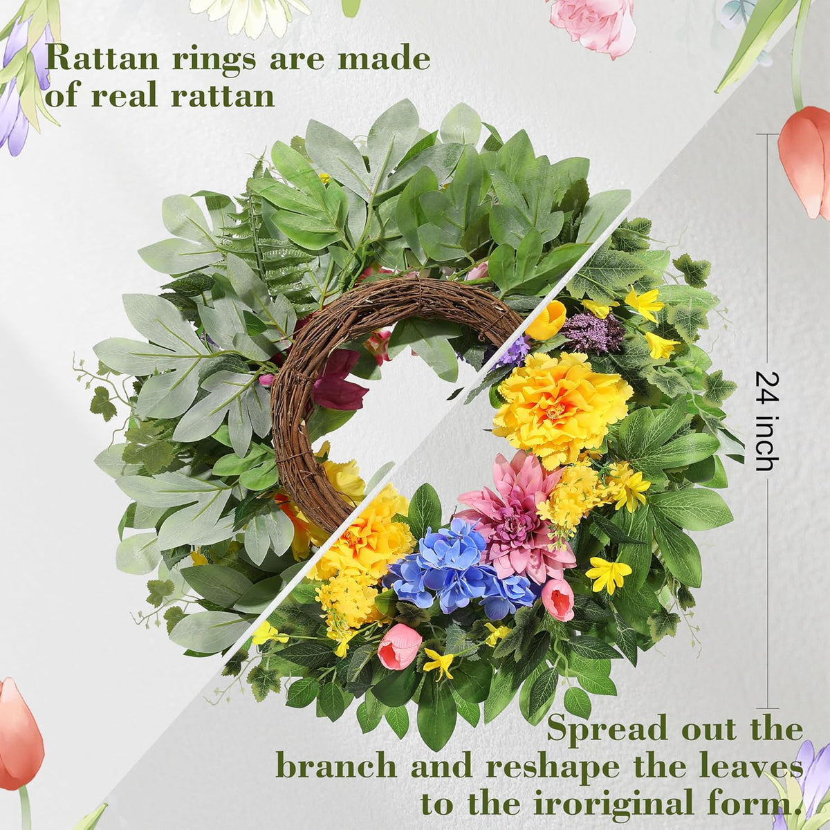 Spring Wreaths for Front Door, 24 Inch Greenery Front Door Wreath with Peonies Dahlias Hydrangeas, Artificial Home Decorations for Indoor Outdoor Window Wall, Outside Floral Wreath Decor for Home Porch