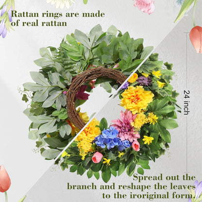 Spring Wreaths for Front Door, 24 Inch Greenery Front Door Wreath with Peonies Dahlias Hydrangeas, Artificial Home Decorations for Indoor Outdoor Window Wall, Outside Floral Wreath Decor for Home Porch