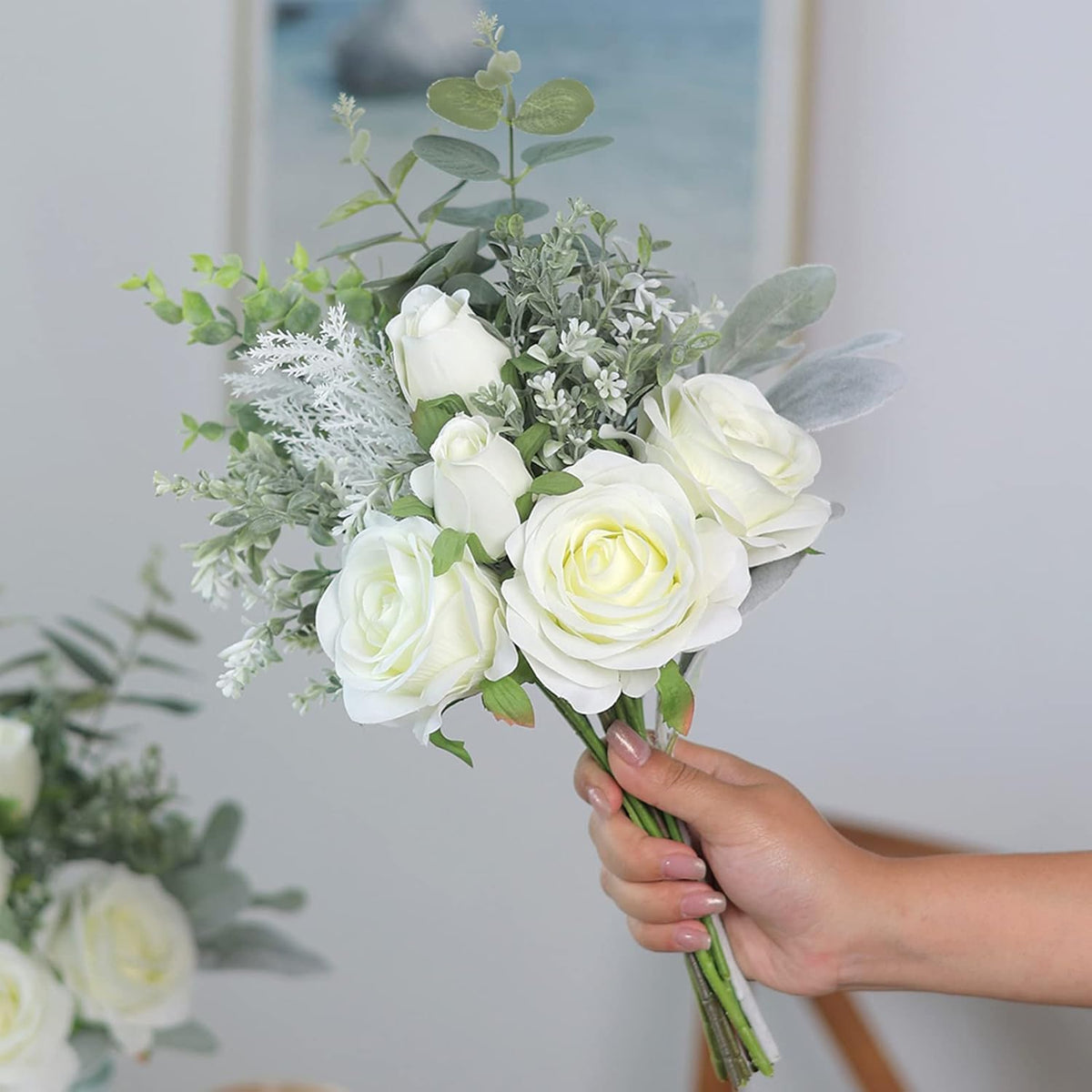 Faux Flowers with Vase, Artificial Silk Roses in Vase, Fake Plant Eucalyptus Flower Arrangement for Home Office Farmhouse Bathroom Dining Table Centerpiece Decorations Coffee Table Decor (White)