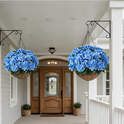 FOTEEWL 16 Bundles Artificial Hydrangea Flowers for Outdoor Decor, Realistic Faux Silk Bouquets Sun-Resistant Fake Plants for Front Door Balcony Farmhouse Garden Home Spring Summer Decor (Blue)