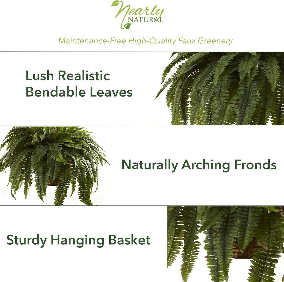 Nearly Natural Giant 36in Wide Artificial Boston Fern Hanging Basket, Faux Greenery For Indoor Home Porch Decor, Green
