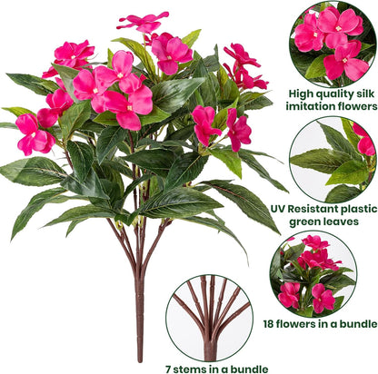 Artificial Fake Flowers for Outdoor Décor 6 Bundles UV Resistant Fake Plants for Planter Faux Impatiens for Home Porch/Garden Stunning（Rose Red）