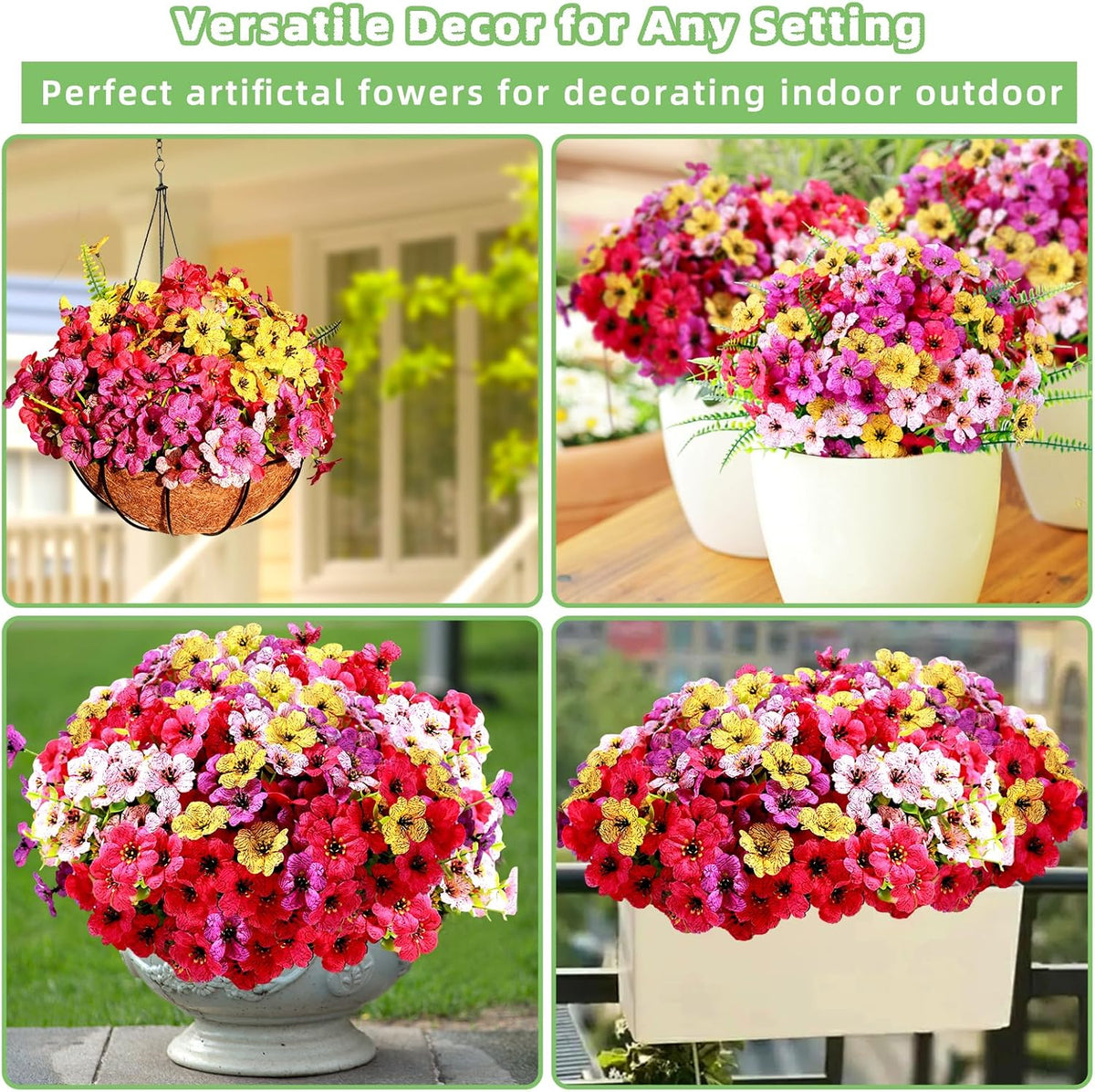 Artificial Flowers For Outdoors, 24 Bundles UV Resistant Fake Outdoor Flowers Faux Artificial Flower Plastic Plants for Outside Garden Porch Window Pot Spring Summer Home Decor (Multi Color-B, 24)