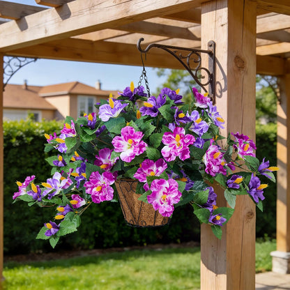 INXUGAO Artificial Flowers for Outdoors Indoors, 3 Bunches Fake Hibiscus with Hanging Basket Realistic UV Resistant Silk Flower Leaves, Faux Plant for Outside Home Patio Garden Poch (Purple, Fuchsia)