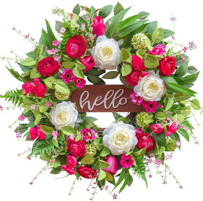 24 Inch Spring Summer Wreath with Pink Peony, Tulip, White Rose and Hello Wooden Sign