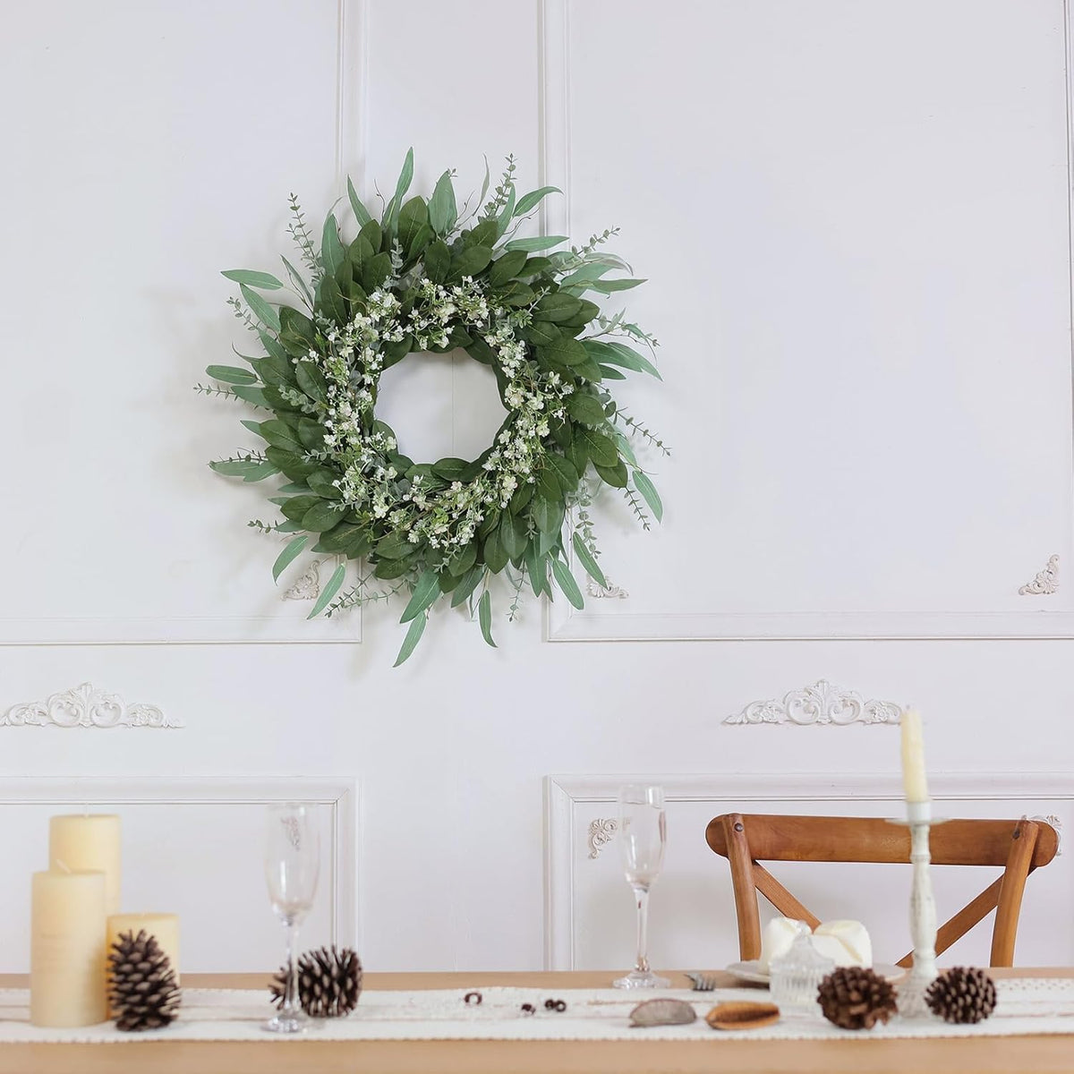 26" Eucalyptus and Babys Breath Flowers Wreath for Front Door - Large Artificial Greenery Outdoor Wreath for Porch, Window, Farmhouse, Home, Hanging Decor- Spring, Summer, All Seasons (Green-White)
