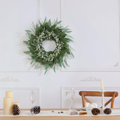 26" Eucalyptus and Babys Breath Flowers Wreath for Front Door - Large Artificial Greenery Outdoor Wreath for Porch, Window, Farmhouse, Home, Hanging Decor- Spring, Summer, All Seasons (Green-White)