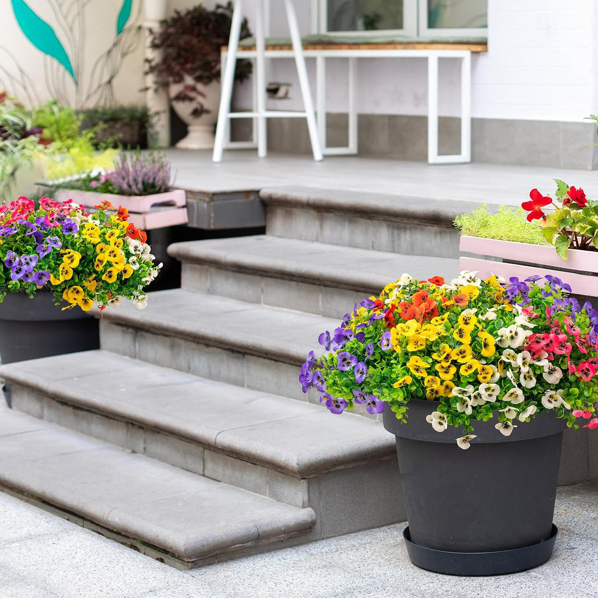 20 Bundles Artificial Fake Pansy Flowers for Outdoor - Yellow, White, Purple, Sunset red & deep pink Faux Pansies Flowers, Fake Flowers for Outdoor Planters, Porch, Garden, and Home Decoration