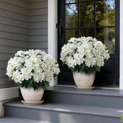 Artificial Hydrangea Flower Topiary Trees - 2 Sets Faux Silk Flower Potted Plant, UV Resistant Fake Outdoor Hydrangea Bush for Front Door, Farmhouse, Garden, Porch Decor (White)