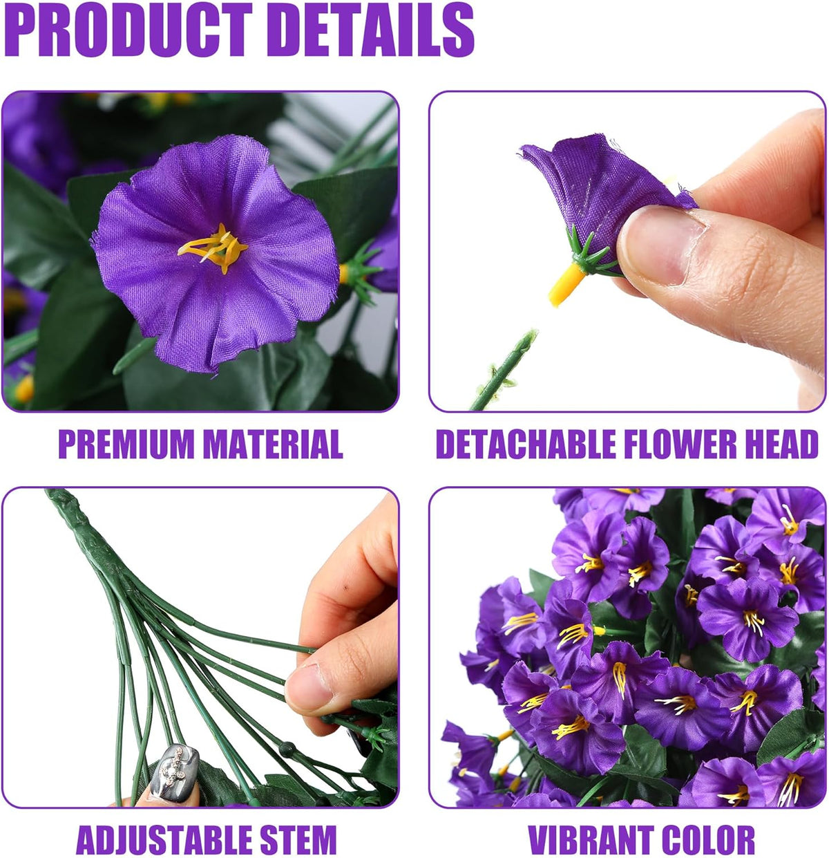 Artificial Fake Hanging Flowers Plants for Outdoor Outside Spring Summer Decoration 2PCS Faux Silk UV Resistant Realistic Morning Glory Trailing Vines for Home Porch Patio Balcony(Purple)