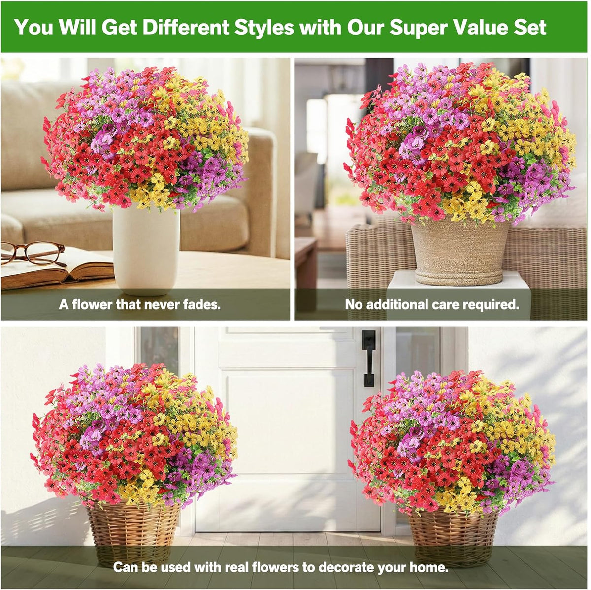 Artificial Flowers Fake Plants for Outdoors Spring Decoration, 13Bundles Silk Realistic UV Resistant Faux Flowers for Outside Planter Porch Yard Patio Garden Home Indoor, Mix