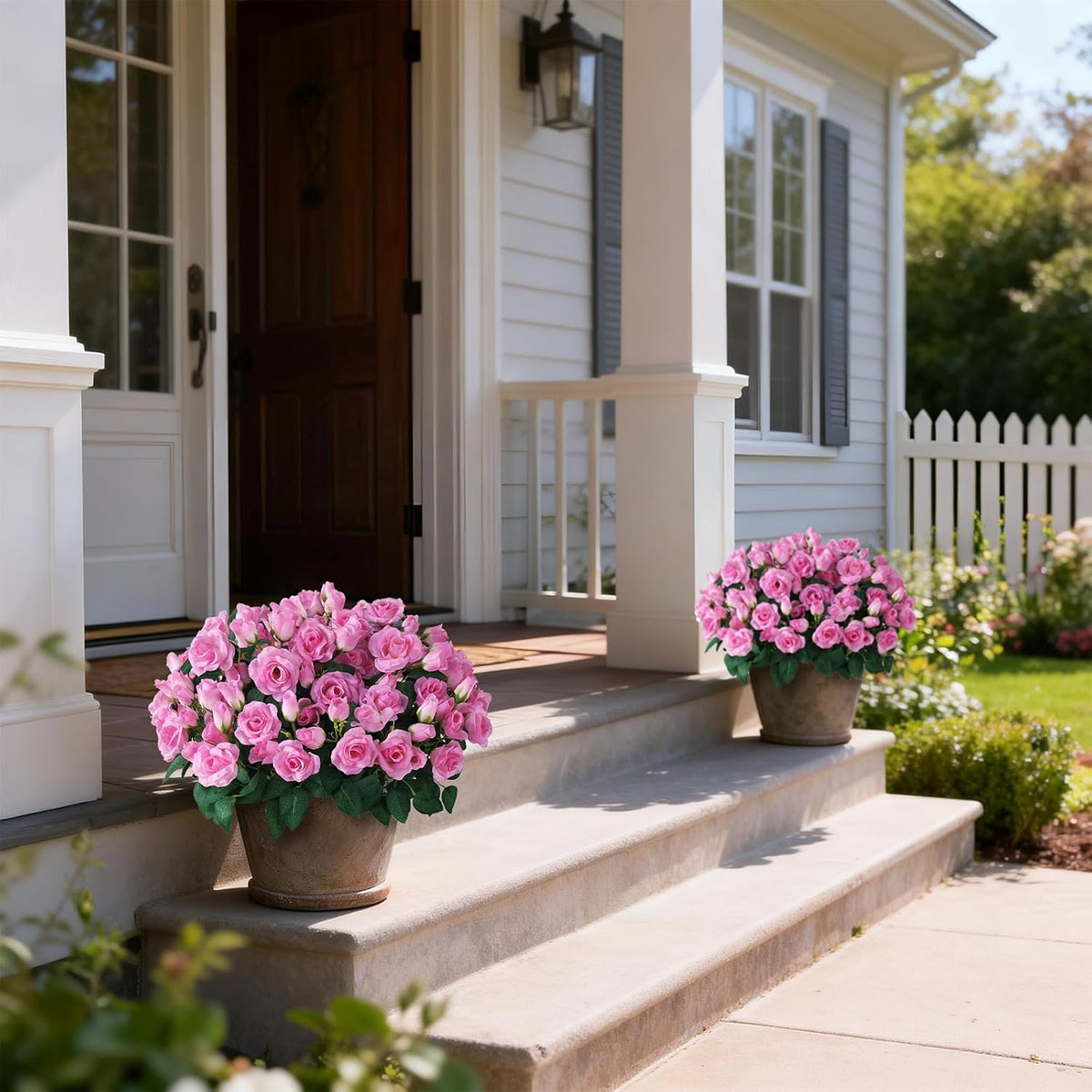 2 Set of Artificial Rose Topiary Trees - Faux Silk Flower Potted Plant, UV Resistant Fake Outdoor Rose Bush for Front Door, Farmhouse, Porch, Garden Decor (Pink)