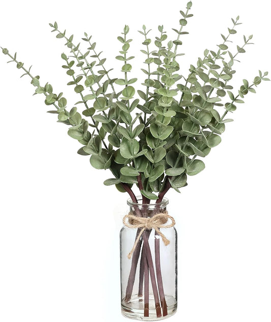 VIERENA 17.5" Artificial Eucalyptus Stems in Glass Vase with Faux Water, Fake Plant Eucalyptus Leaves White Seeds for Centerpiece Table Decorations Farmhouse Wedding Home Greenery Decor (Sage Green)
