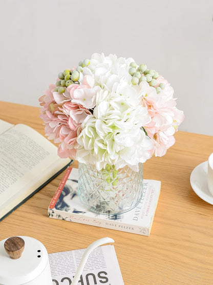 Hydrangeas Floral Arrangement in Glass Vase, Fake Flowers Silk Hydrangea Artificial Flowers with Vase for Home Office Decoration, Dining Table Centerpiece(Pink)